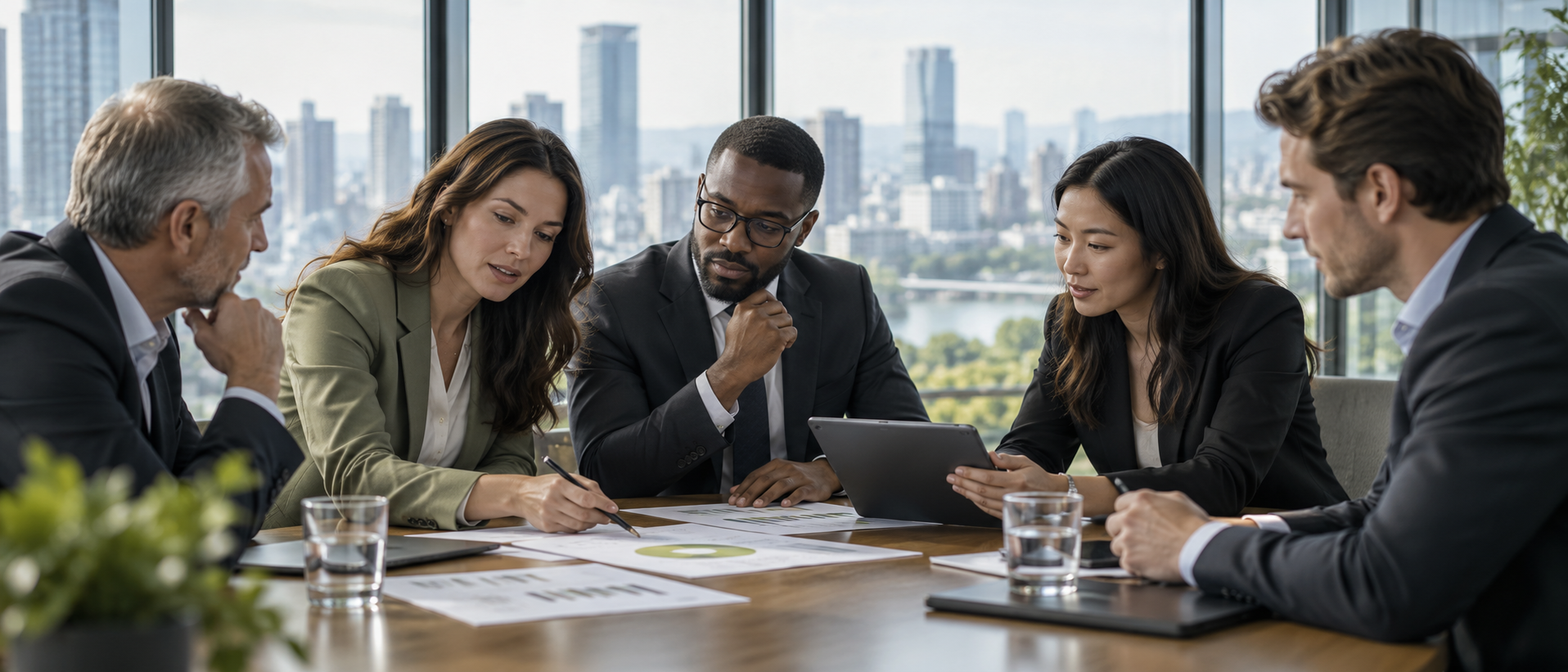 Corporate professionals reviewing financial information during an investor meeting